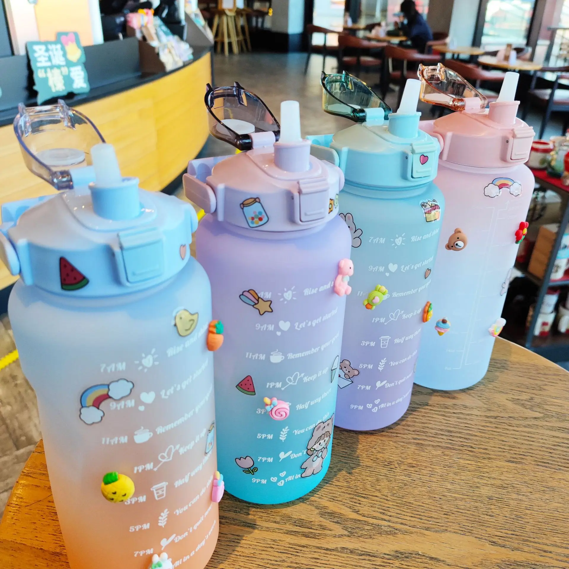 

Large Capacity Water Bottle Straw Cup High Temperature Plastic Water Cup Time Scale Frosted Outdoor Sports Student Couple Cup2L