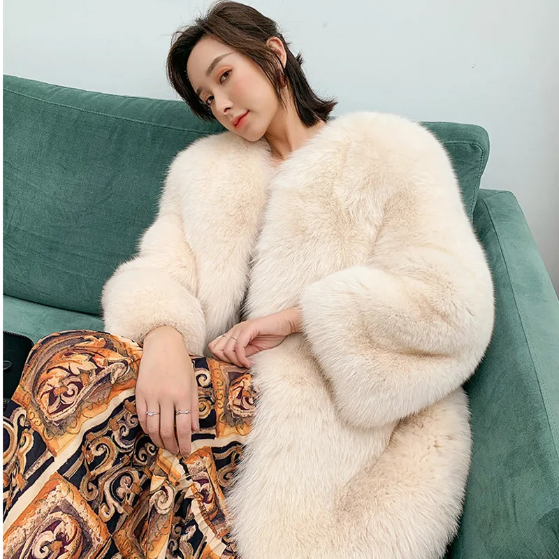 Whole Skin Fox Fur Fashion Jacket Women's Mid-length Long-sleeved Fur Coat 2021 Autumn And Winter New Office Lady O-Neck