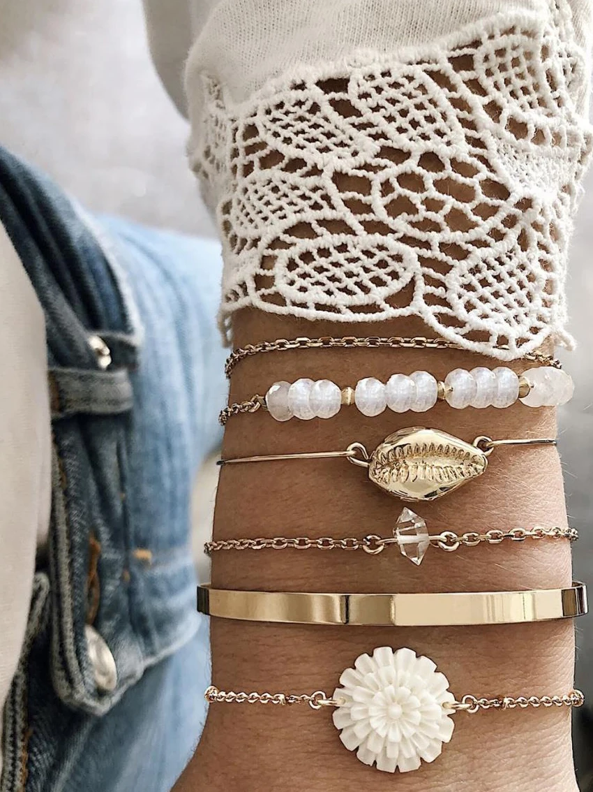 Набор браслетов белый цветок луна круг шарм и зеленый синий бисер сплав оболочка