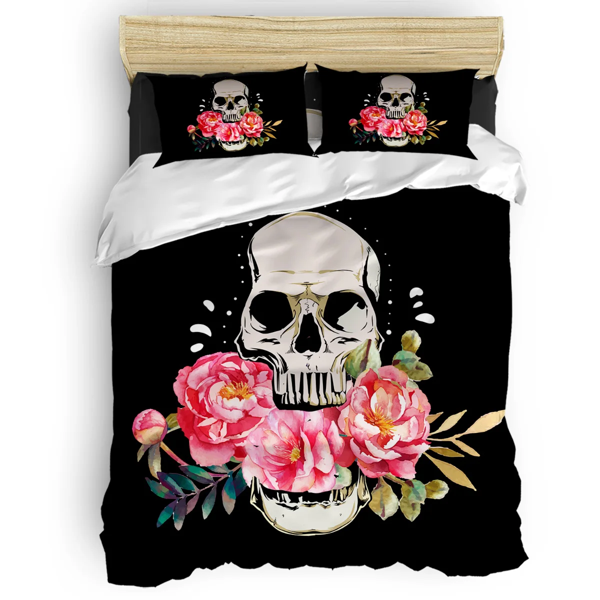 

Skull Black Background With Flowers Duvet Cover Set 2/3/4pcs Bedding Set Bed Sheet Pillowcases Cover Set