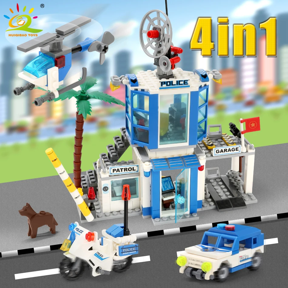 

HUIQIBAO TOYS 4 in 1 City Police Station Building Blocks DIY Construction Bricks City Police Christmas Toys For Children