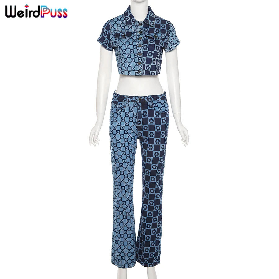 

Weird Puss High Waist Jeans Women Plaid Cotton Denim Pants Button Pockets Fitness Trousers Fashion Casual Wide Streetwear Outfit