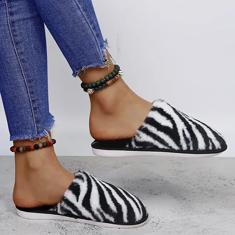 

Женские меховые шлепанцы, черные или белые плюшевые шлепанцы с принтом зебры, Нескользящие, на плоской подошве, сланцы, для зимы, 2021