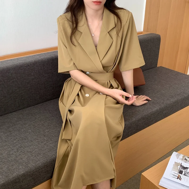 

Korean Chic Summer Dress French Style Suit Collar Dress Woman Double Breasted Lace Up Waist Slim Short Sleeve Part Dress