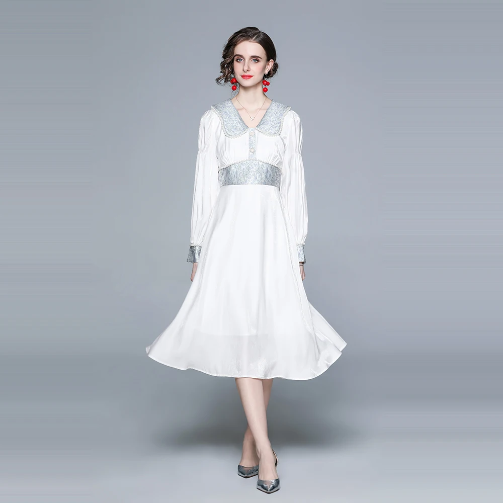 

Women Patchwork Color Long Dress French Sweet Puff Sleeve V Neck A-line Dresses Spring Retro Pearls Beading Holiday Dress