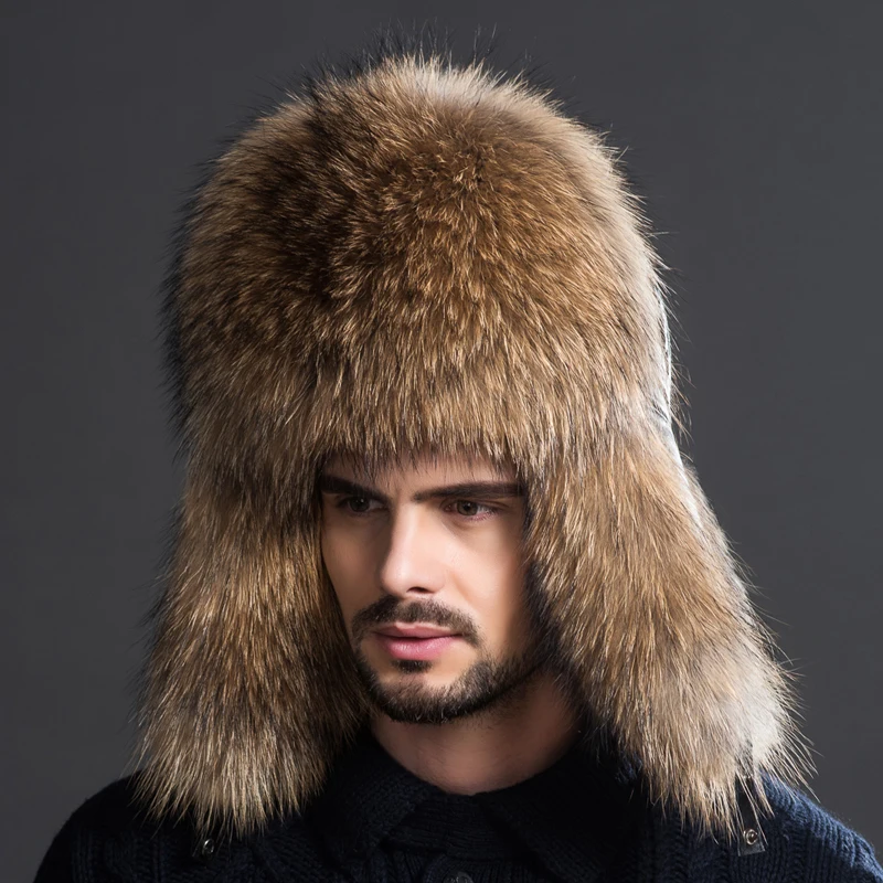 

Real Outdoor 100% Natural Racoon Fur Middle-aged Leather Fur Hat Man Winter Earmuffs Hat Man Upset Northeast Racoon Fur Hats