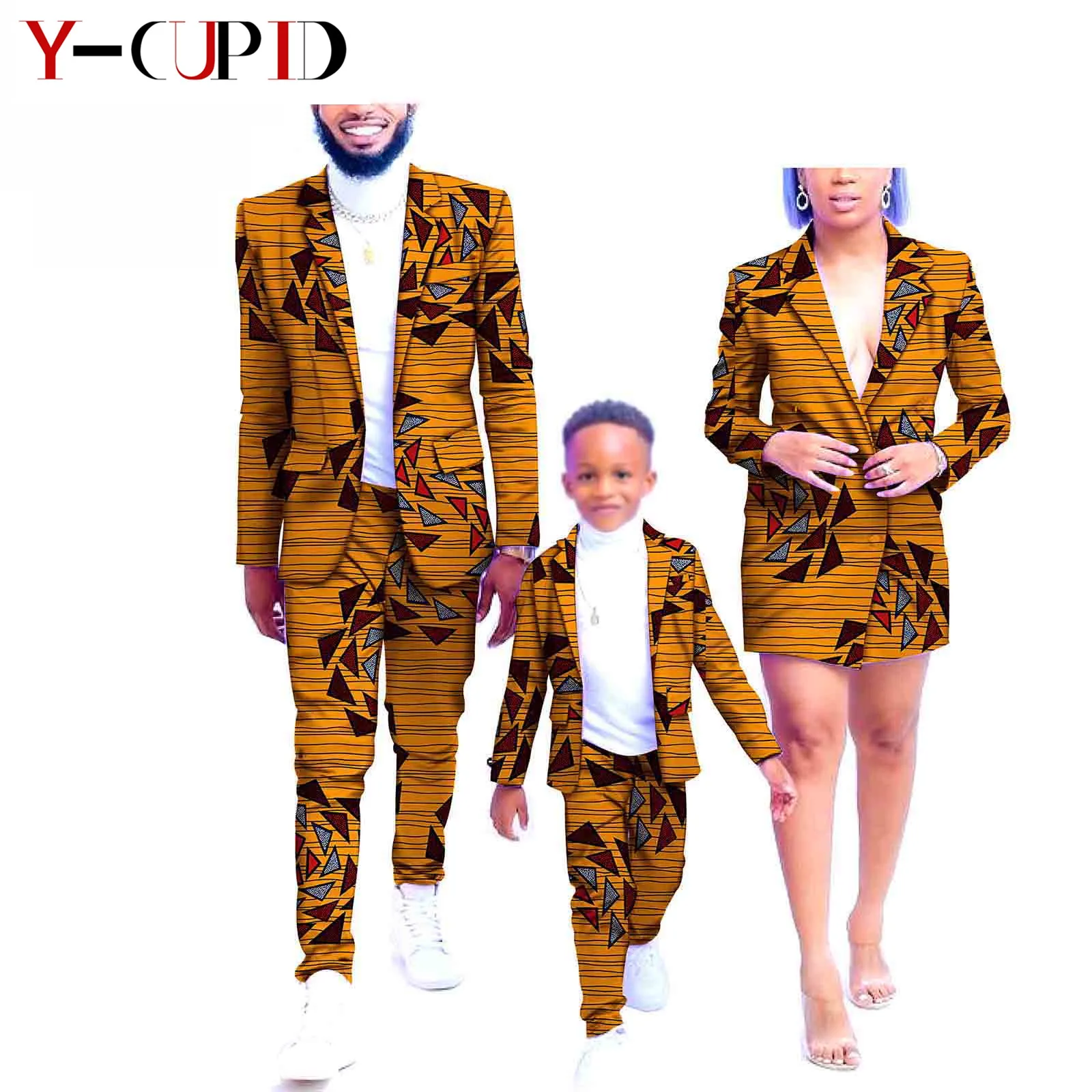 African Clothes for Family Boys Men Blazer Jacket and Pants Sets Women Dresses Formal Suit Dashik African Style Clothing Y20F001