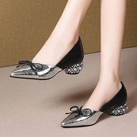 thick heel single shoes woman mid heels women 2020 autumn work shoe female footware soft leather bowtie pointed toes silver