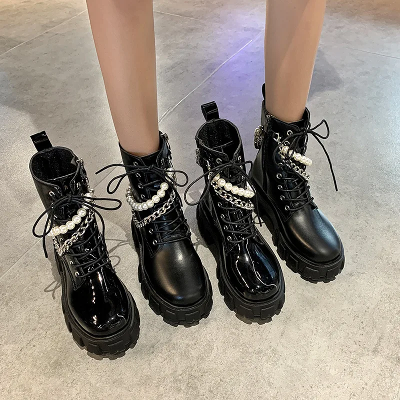

Fashion Women's Boots Black Pearl Chain Nude Boots Women All-match Comfortable Patent Leather Side Zipper Platform Boot