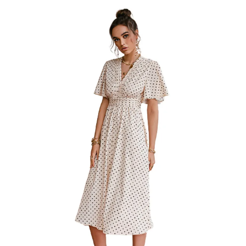 

Fashion New Split Wave Point V-Neck A-LINE Dress Women 2021 Spring/Summer Print Elegant Dresses for Women Donsignet