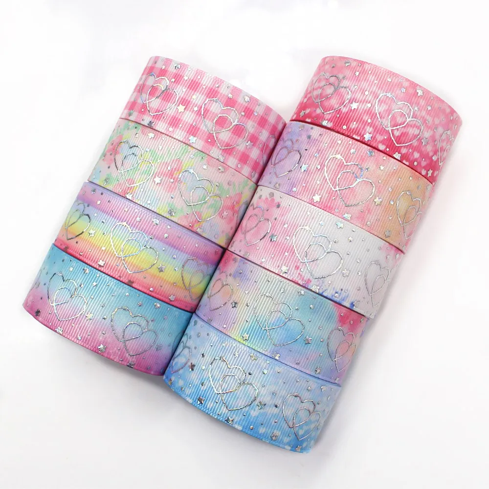 1 'ཕ мм 10 ярдов Серебряная Лазерная любовь печатные ленты grosgrain DIY лук колпачок