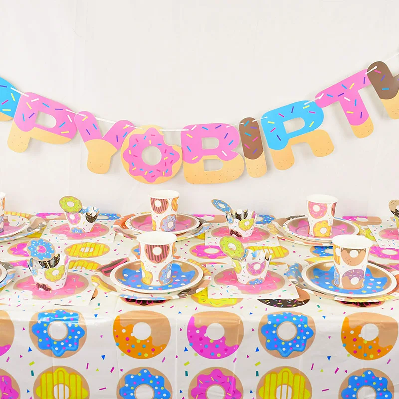 

Donut Party Supplies Kids Girls Women Birthday Party Doughnut Banner Garland Plates Cups Napkin for Baby Shower Wedding Favors