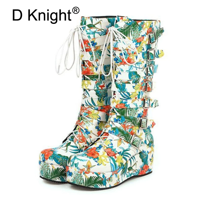 Большие размеры 33-45 женские ботинки на танкетке с разноцветным принтом новые