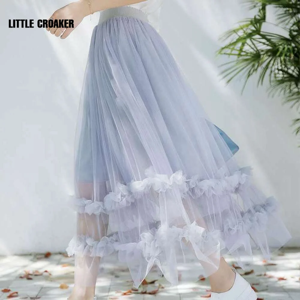 

2021 Spring Summer Vintage Elastic High Waist Mesh Tulle Skirts Women Long Pleated Tutu Skirts Female Jupe Longue