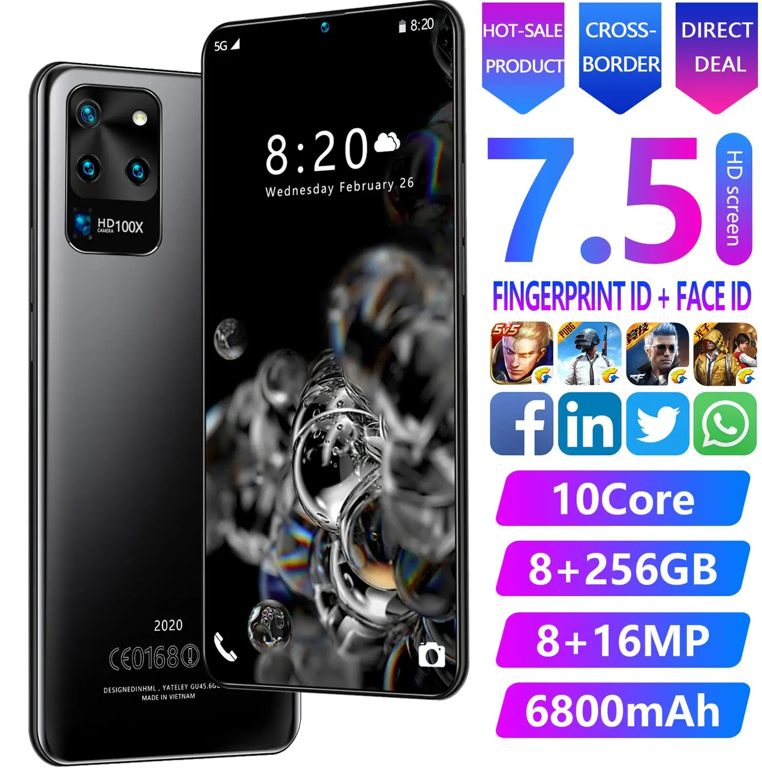 

Network 7.5 Inch Global Version Galay S20 Smartphone 16 MP Camera Snapdragon 855 8GB RAM 256GB ROM Deca Core S20U Mobile Phone