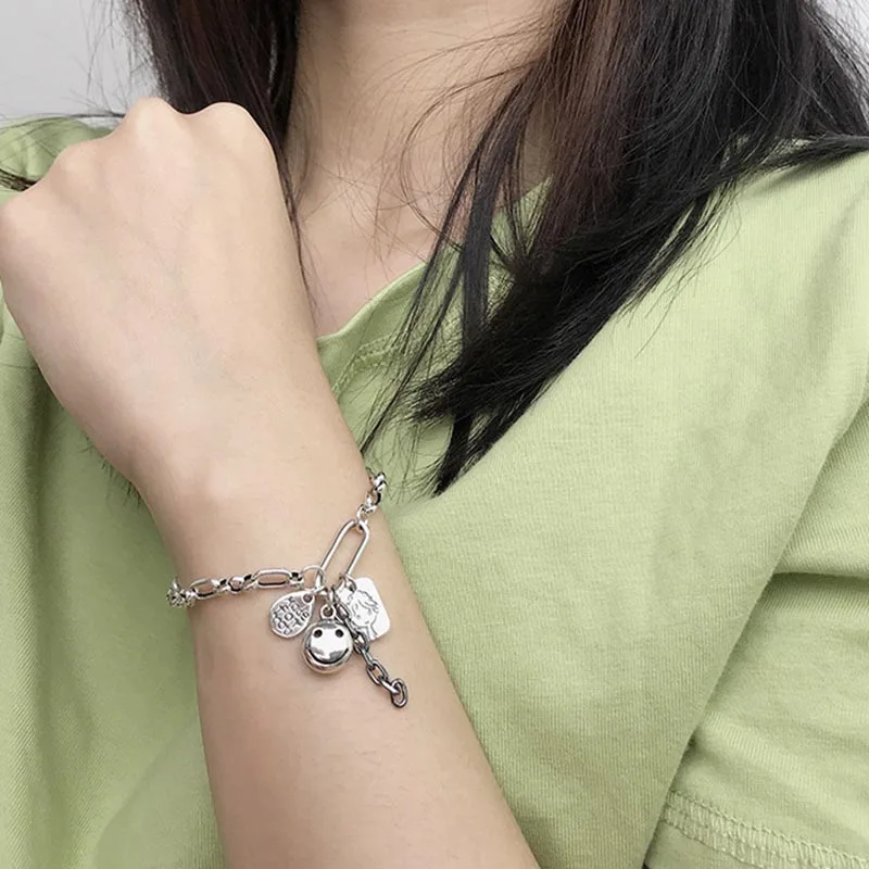 

MEYRROYU 925 Sterling Silve Bracelet New Creative Punk Style Letters Smile Girl Pendant Bracelet Lady Hip Hop Rock Party Jewelry