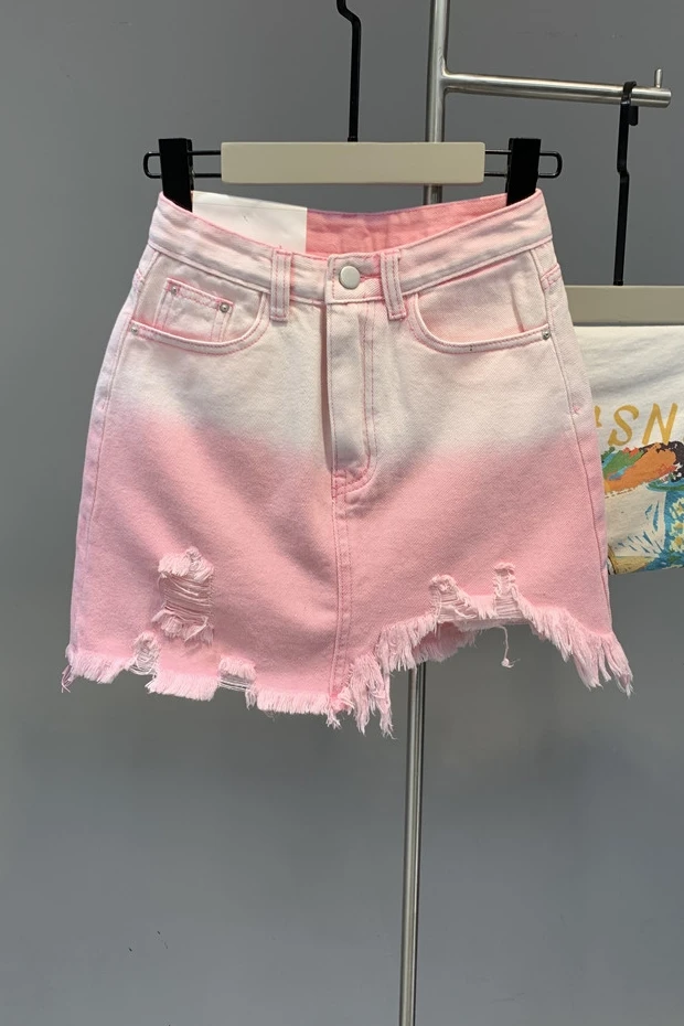 

Korean Style 2021 Summer New Pink Age-Reducing Ripped Irregular Denim Skirt High Waist Sheath A- line Skirt