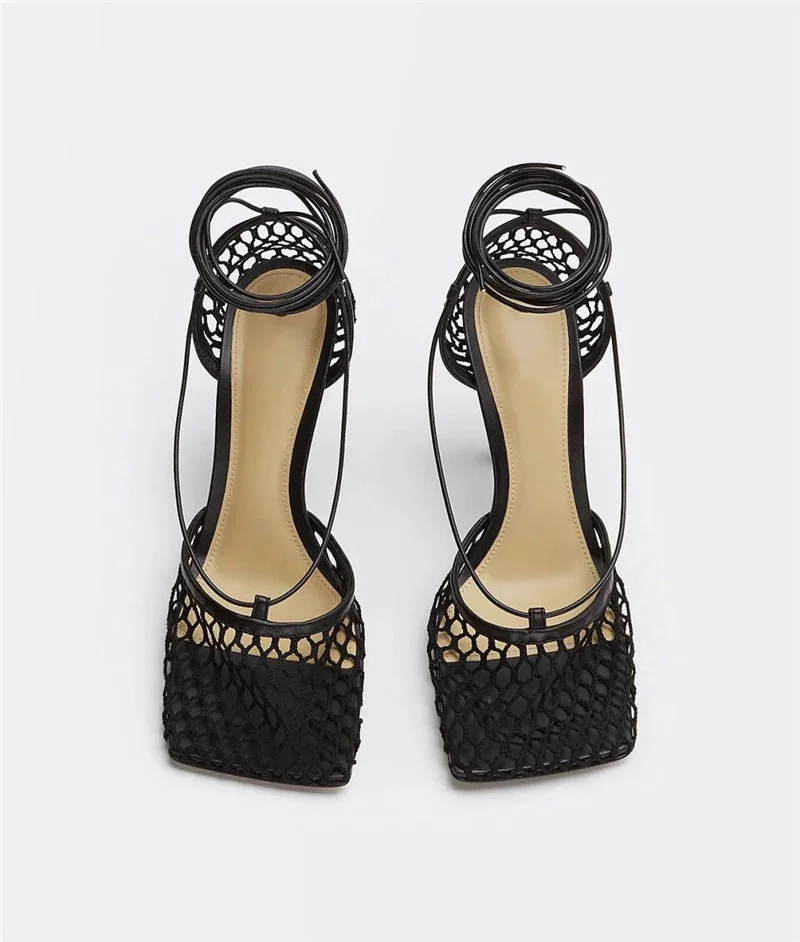 

2021 summer high heeled square sheepskin color hollow net fashion sandals large size high heeled women's shoes