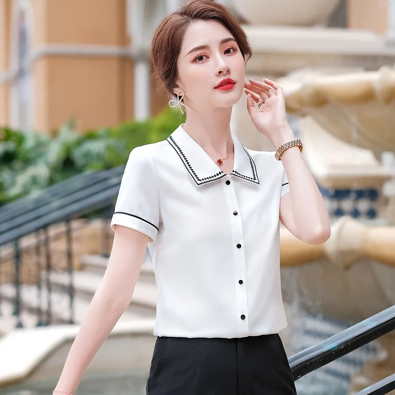 

Женская шифоновая рубашка с коротким рукавом, элегантная рубашка контрастной расцветки в иностранном стиле, в гонконгском стиле, лето 2021