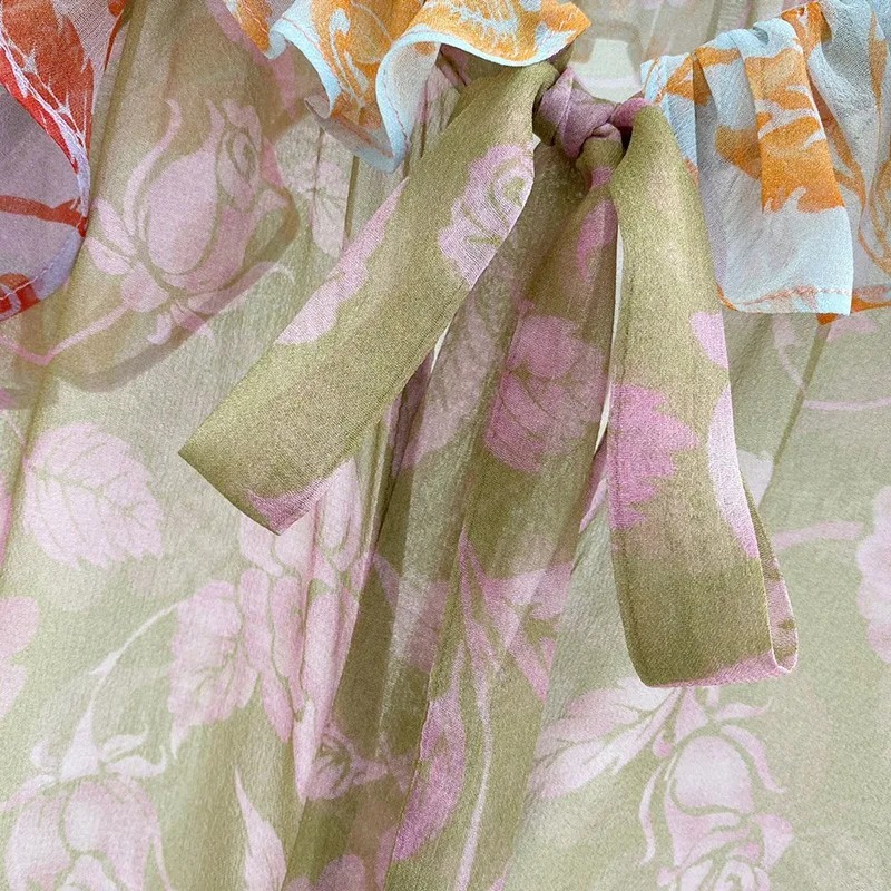 

2021 Spring New High Quality Ladies Luxury Vintage Elegant Shirt 2 Pieces Floral Print Ruffles Bow TieNature Silk Blouses