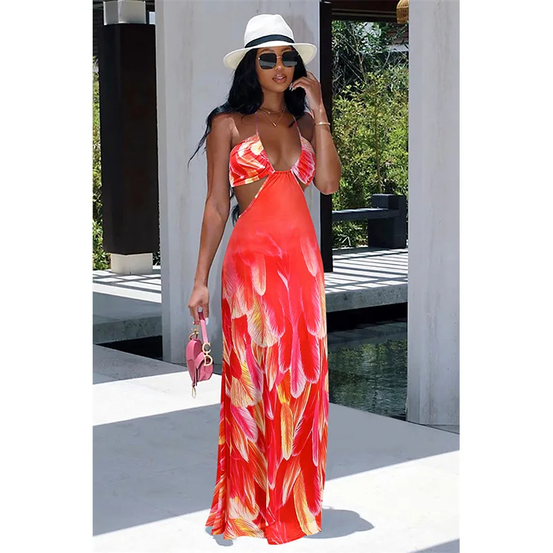 Летнее праздничное пикантное платье женское на бретелях спагетти с принтом в