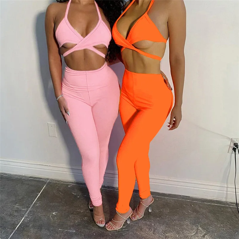 

Active Halter Top And Pants Matching Sets Backless Solid Summer 2021 Skinny Slim Two Piece Sets For Women Casual Sporty Sets