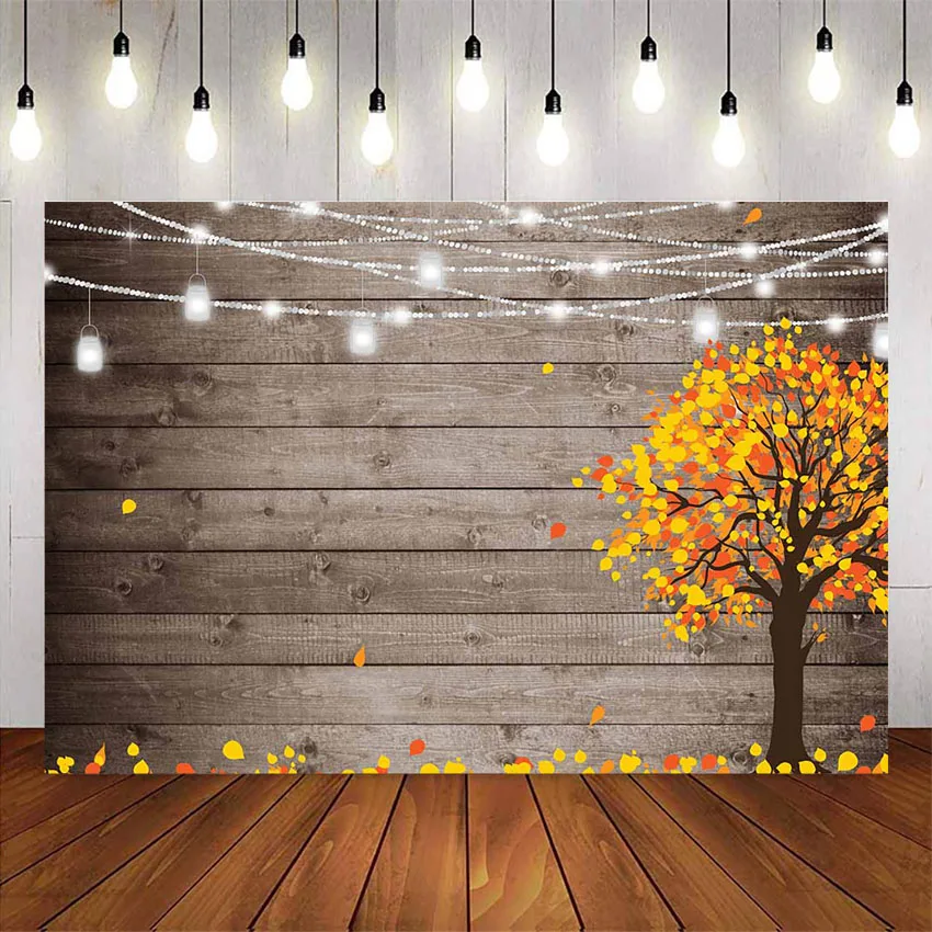 

Rustic Wood autumn backdrop for photography glitter light fall yellow tree background for photo studio brown wood photocall