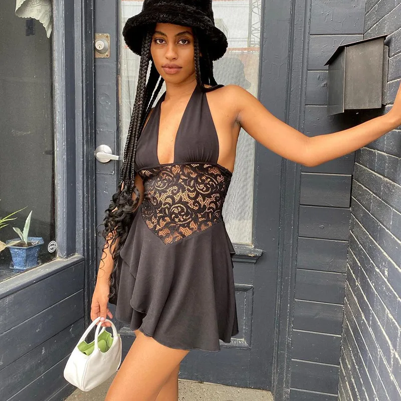 

2021 Summer New Dress For Women Low cut Backless Sleeveless Halter Joint lace Irregular cut dress Fashion Streetwear Dresses