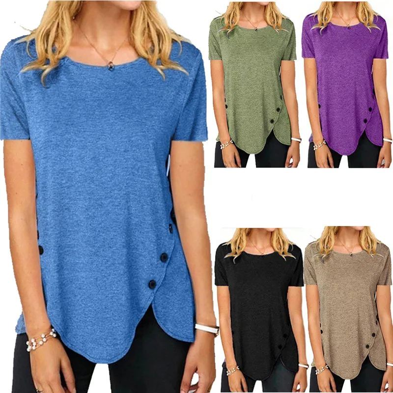 

Women Summer Short Sleeve Tops Casual O-Neck Fashion Button Hem Tee Solid Color T-Shirt Female Vintage Loose Pullovers