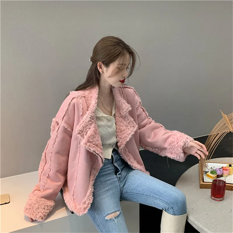 

High Quality Women Faux Suede Sheepskin Parkas Female Faux Fur Warm Winter Thermal Coat Casual Parkas