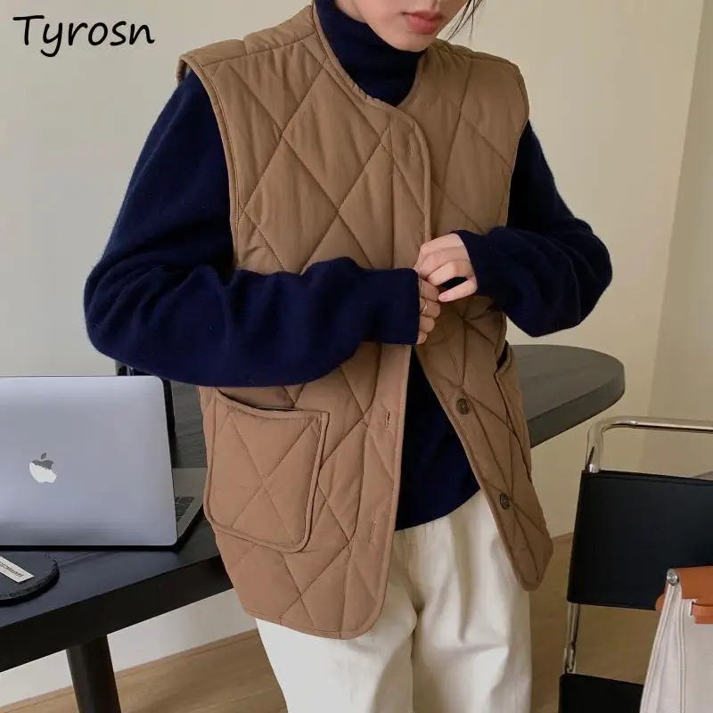 

Women Vests Warm V-neck Single Breasted Waistcoats Cotton Liner Simple Ulzzang Retro All-match Casual Loose Autumn Cozy Outwear