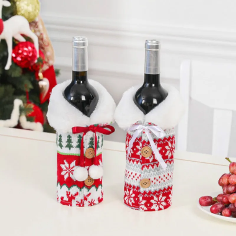 

Natal Noel Knitted Snowflake Christmas Wine Bottle Cover For Home Fur Ball Wine Bottle Cover Table Decor Xmas Happy New Year