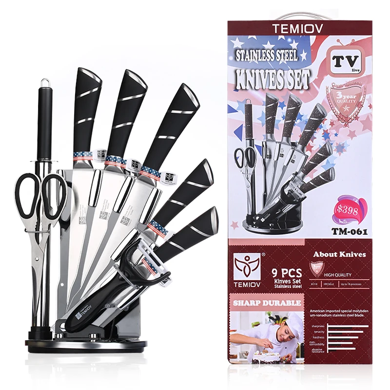 

IGOODS 8 in 1 Kitchen Knife Set Chef Bread Utility Paring Cleaver Knives Set With Holder Sharpener Peeler Kitchen Scissors Gifts