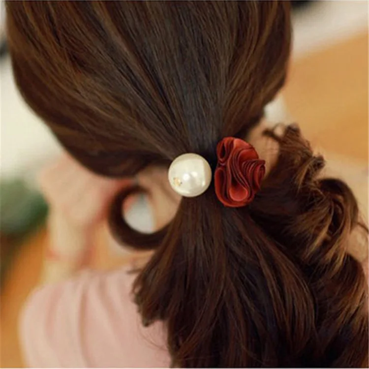 

2019 Fashion hairband Hair Loop Rose Flower Head Rope Large Pearl hair ring