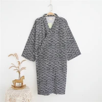 mens 100 cotton gauze robes japanese kimono robe three quarter bathrobe black v neck sleepwear water ripples print sleep tops