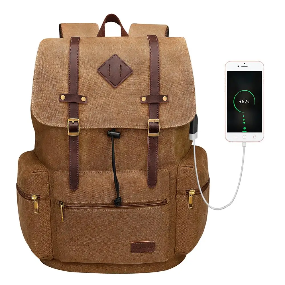 Canvas Leather Laptop Backpack With USB Charging Port Classy Fashional Brown Rucksack For Unisex Street Popular Daypack