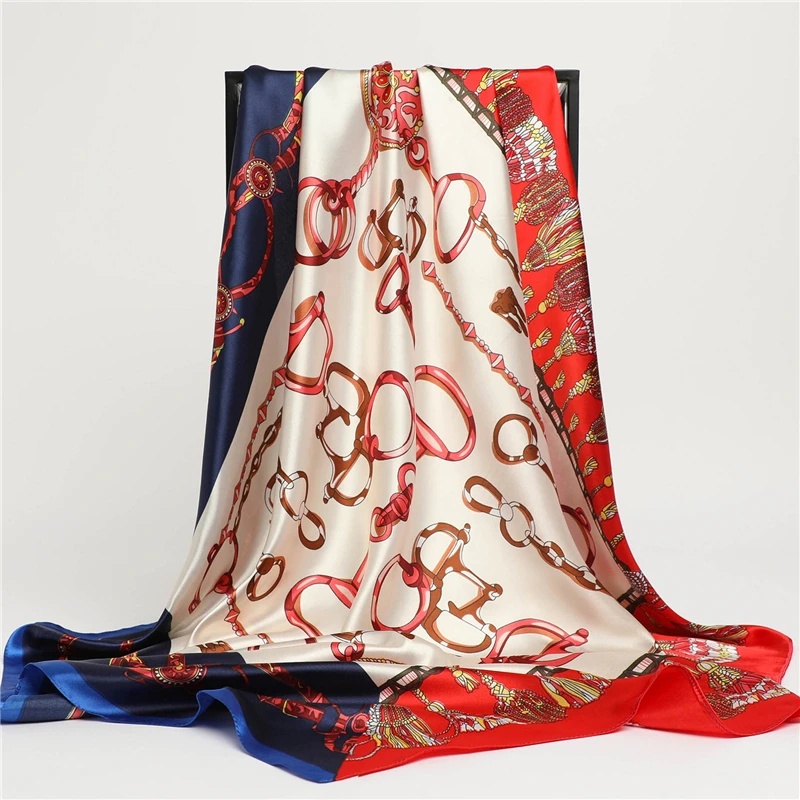 

Новинка 2021 роскошный Шелковый Атласный квадратный шарф для женщин 90*90 см шейный галстук с принтом повязка для волос сумка фуляр искусственн...