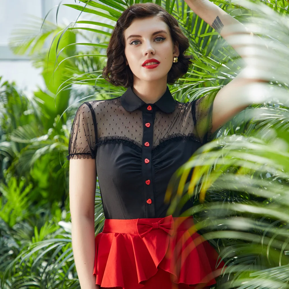 

Casual Blouse Formal Shirt Mesh Summer Tops Sexy Elegant Retro Office Lady Work Wear Women Lapel Collar Slim Shirts Clothes