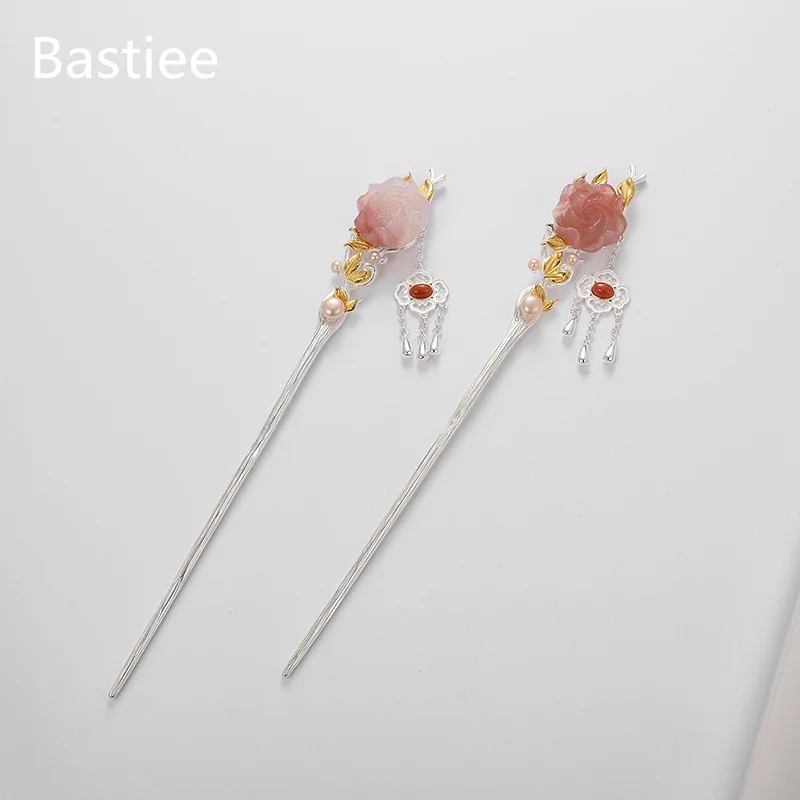 

Bastiee 925 Sterling Silver Hair Sticks Women Pink Agate Peony Flower Pink Pearl Ethnic Hair Step Shake Hmong Luxury Hairpin