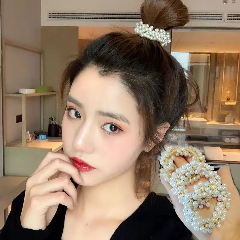 

South Korea pearl hair rope net red hair circle head rope simple pure color bracelet hair band high elastic ponytail headdress