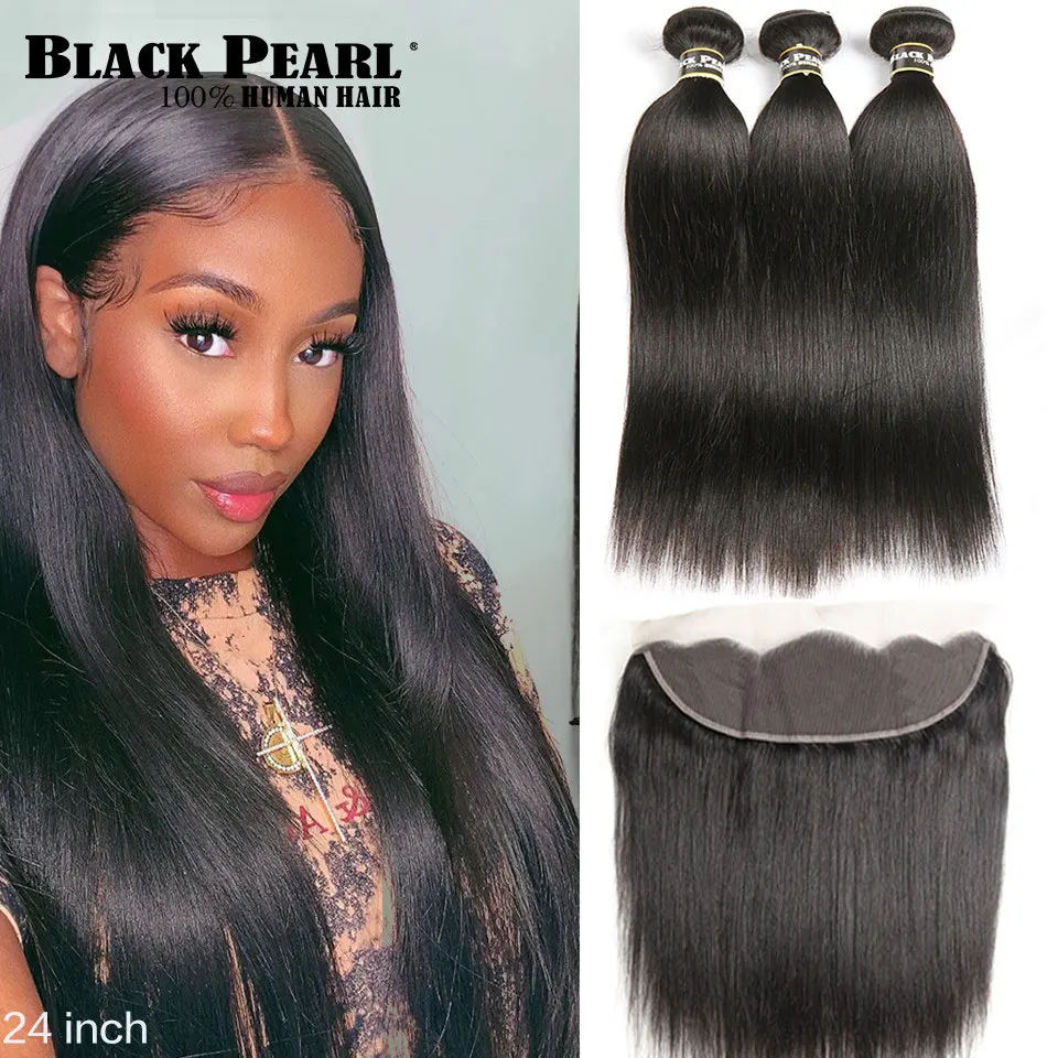 Black PearlStraight Hair Lace Frontal With Bundles Remy Malaysian Human Hair With Lace Frontal 3 Bundles With Frontal