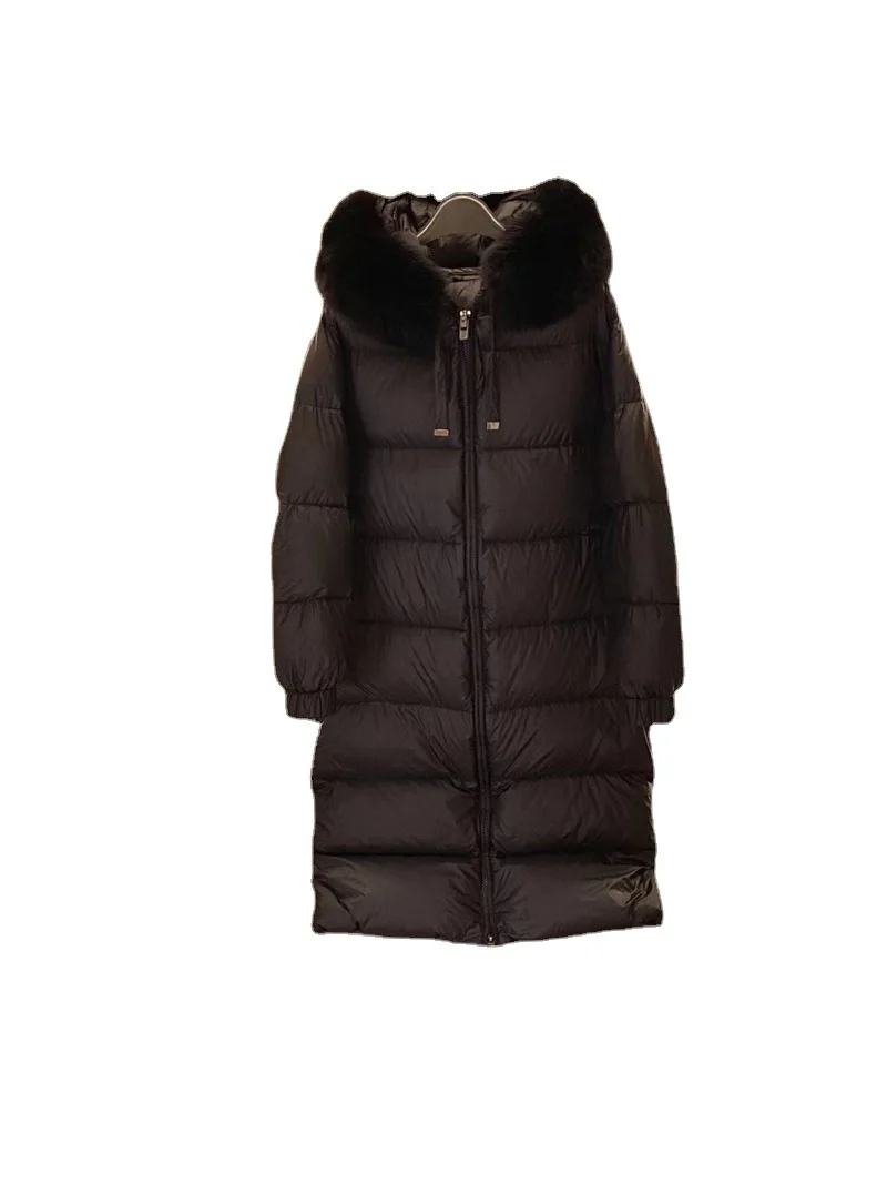 New Winter Down Jacket Women's Long Fox Fur Collar Hooded Over-the-knee Jacket