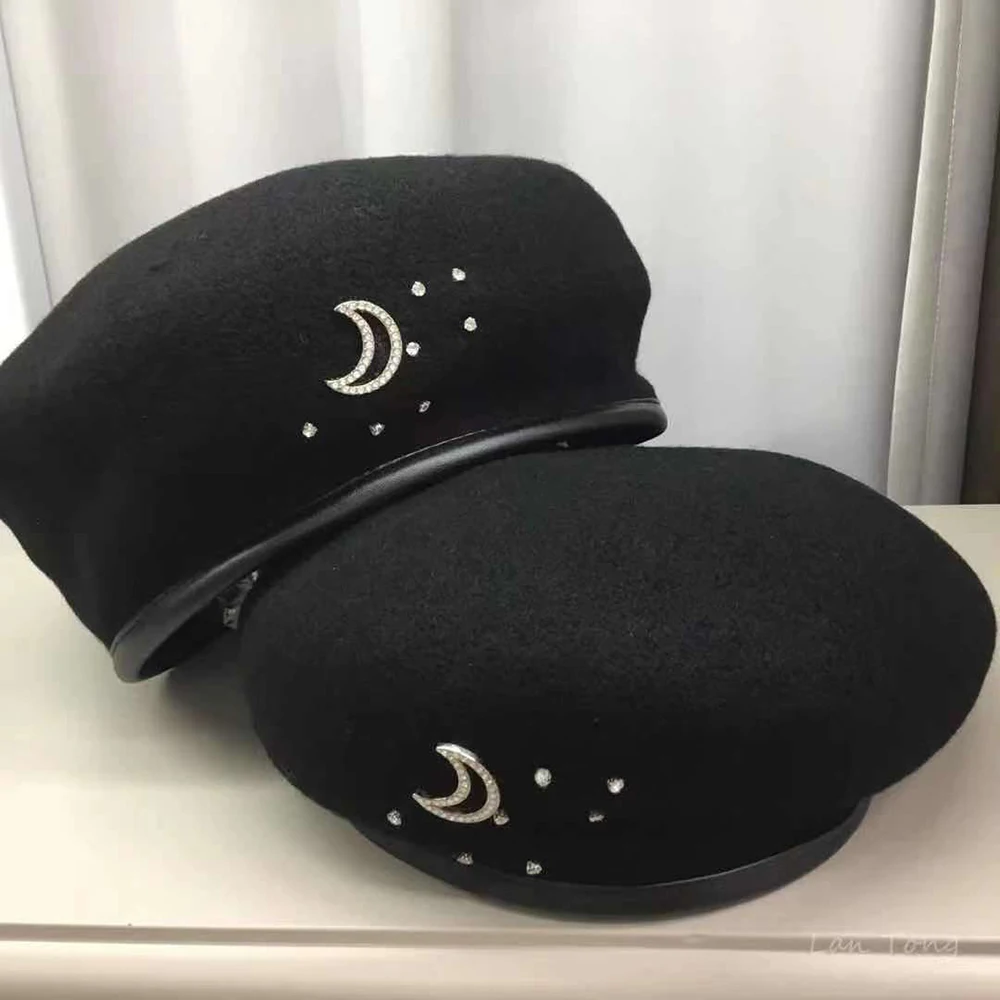 

Женские Зимние береты, шапка, шерстяной хлопковый берет с буквой D и луной, шапки, Осенняя шапка художника для девочек, милые шапки для девуше...