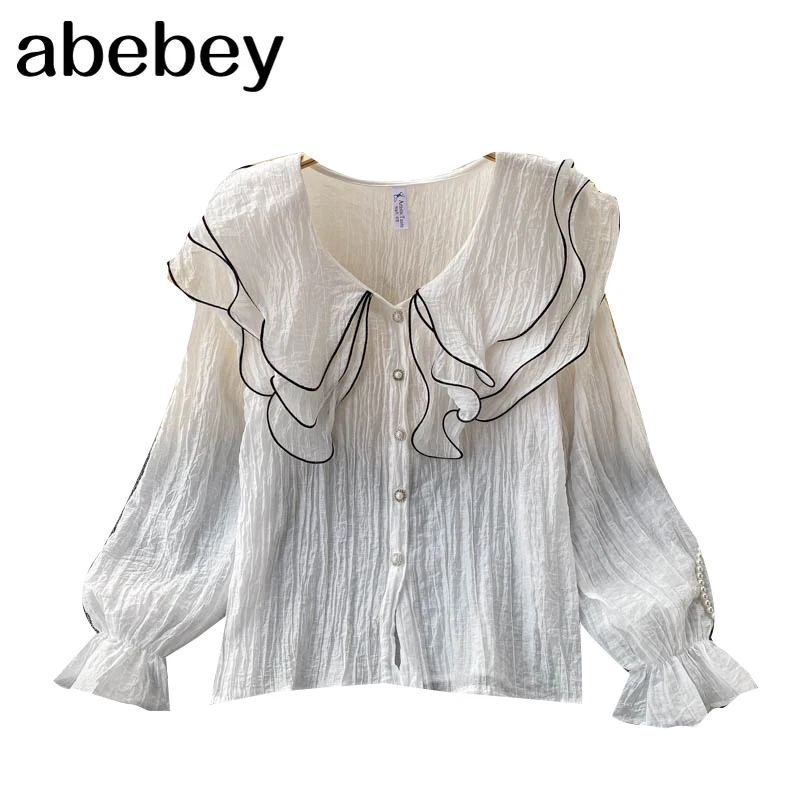 

Women Chiffon Korean Blouse Design Ruffles Turndown-Collar Single Breasted Tops Summer Casual Loose Streetwear Blouses