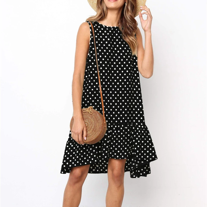 

Women Fashion Polka Dot Printed Dress Ladies Casual Sleeveless Loose Round Neck Dress Women Ruffles High Waist Summer Dress