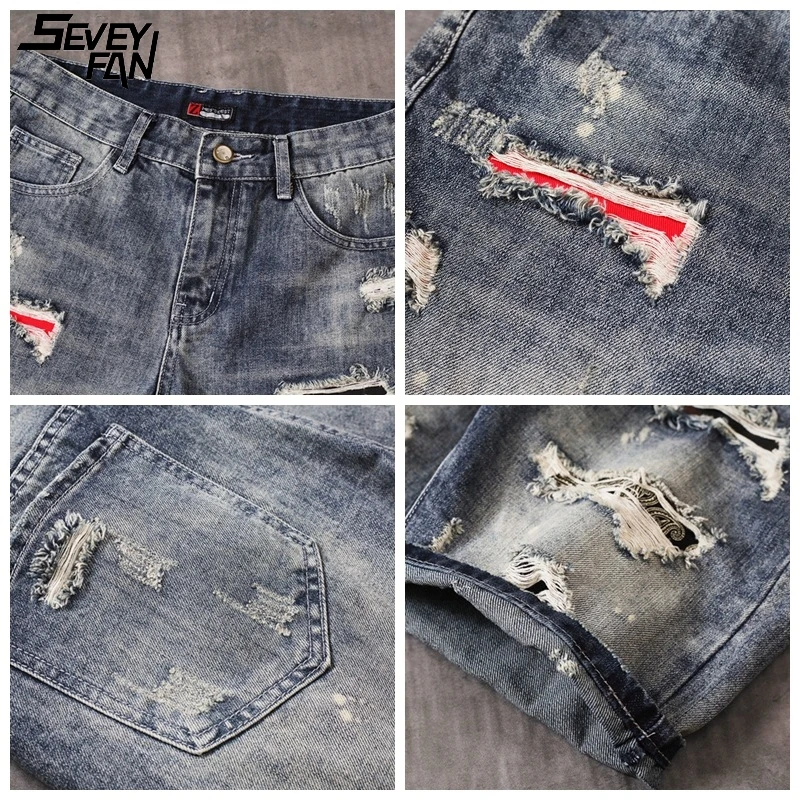 

Men's Summer Casual Denim Shorts Blue Ripped Hip Hop Jeans Short Fashion Vintage Destroyed Distressed Hole Streetwear Shorts New