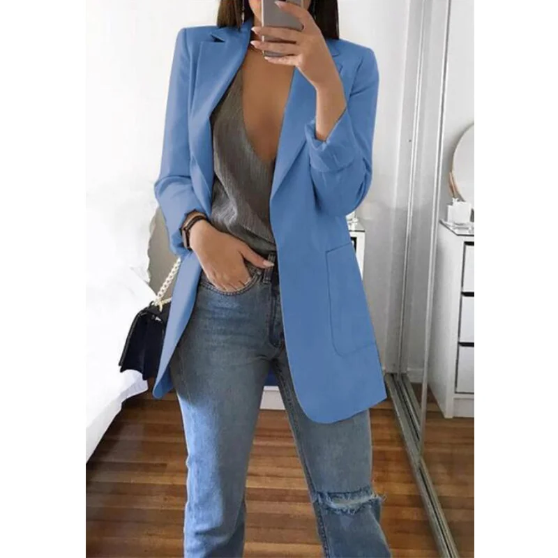 Однотонные женские куртки и пальто 5XL размера плюс, Осеннее болеро с длинным рукавом и отложным воротником, женские куртки с карманами - Цвет: Синий