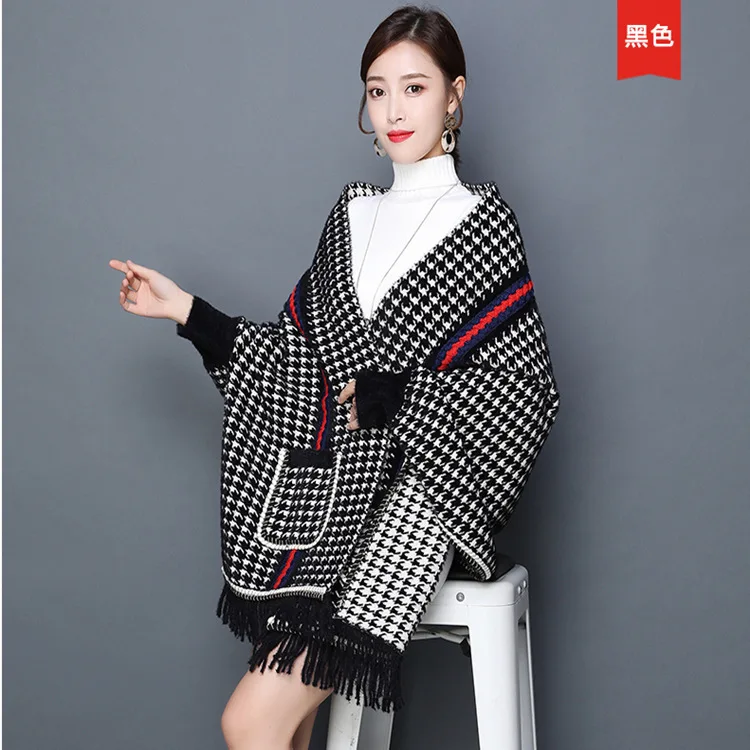 

Женское зимнее Трикотажное пончо в клетку, с длинным рукавом и бахромой