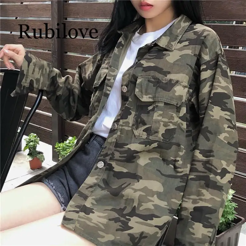 

Jackets Women Camouflage Turn-down Collar Single Breasted Pockets European Style Coats Womens Loose BF Ulzzang Students Jakcet