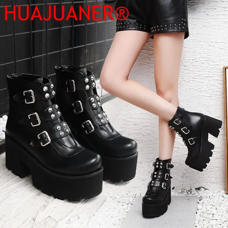 

2022 Combat Boots for Women Platforms Block High Heel Punk Shoes Gothic Rivet Buckle Ankle Military Boots Big Size 34-43